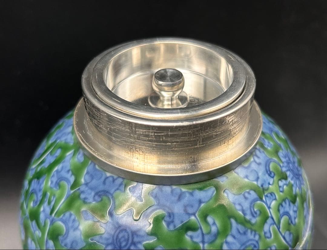 【希少】源右衛門窯　館林源右衛門　緑彩唐草文　錫口　茶壺　茶道具　有田焼 共箱