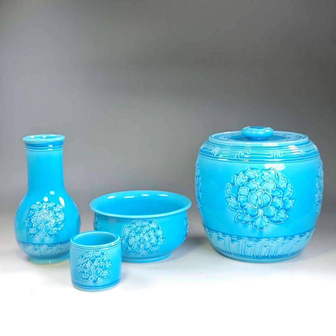 イ846 皆具『叶松谷作』『浅黄交趾　牡丹　皆具　木箱』茶道具　水指　健水　蓋置