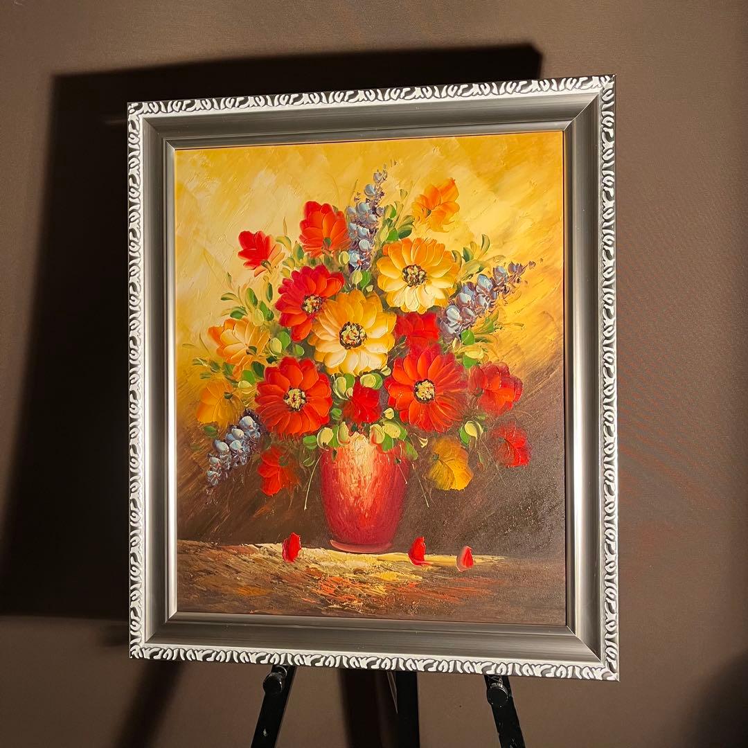 手書き油絵 花瓶の花 額付 肉筆絵画 インテリア 油彩画
