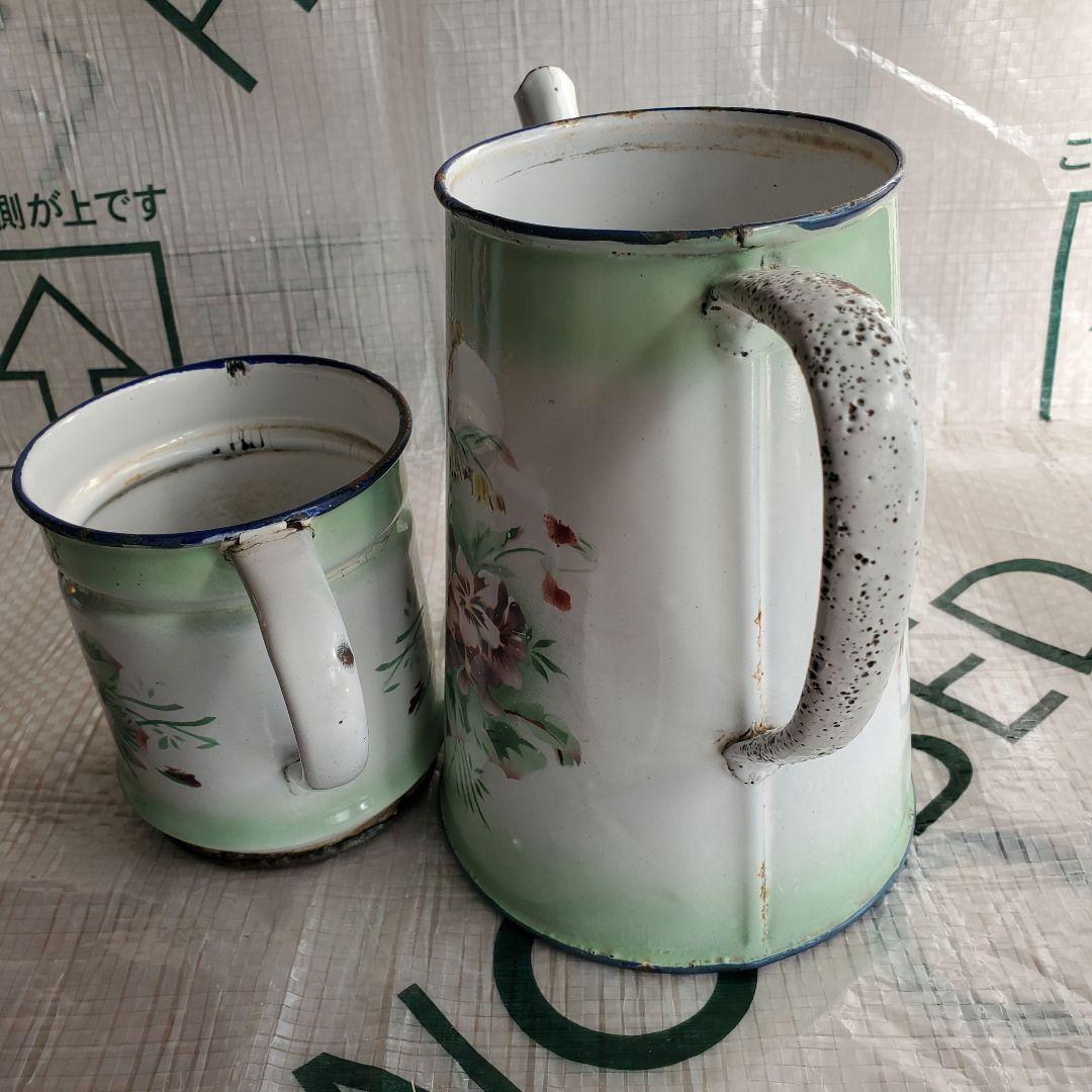 フランス　アンティーク　ホーロー　ポット　ダブルビギン　グリーン