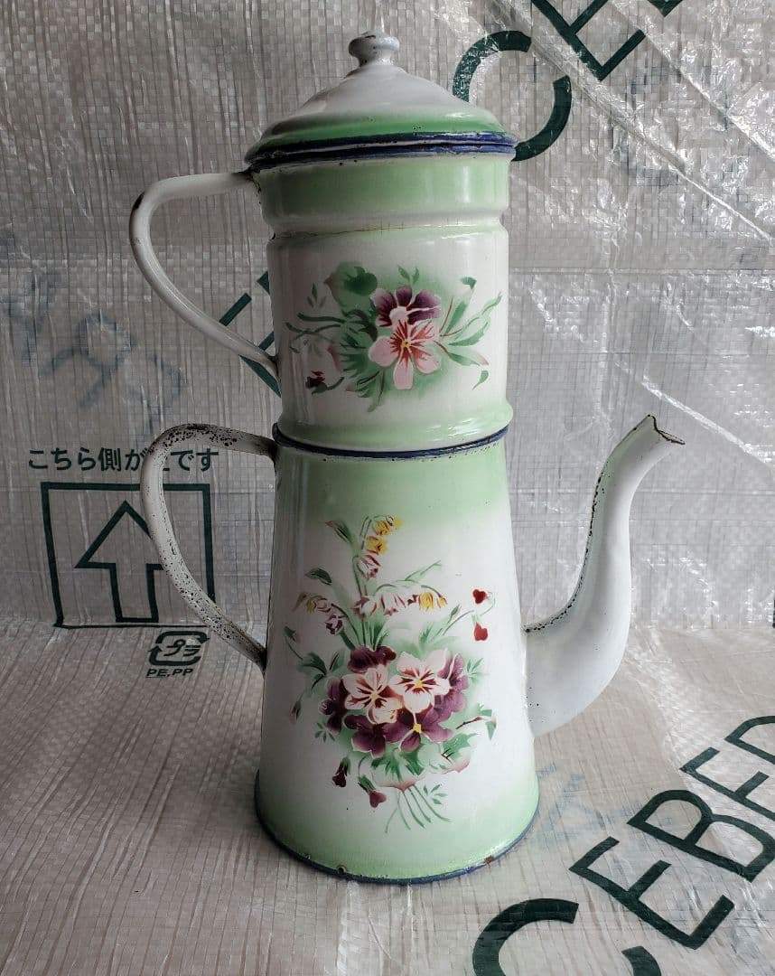 フランス　アンティーク　ホーロー　ポット　ダブルビギン　グリーン