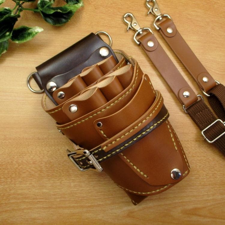 キャメル＆焦げ茶　６丁差し　本革シザーケース　SCA-150/CCA