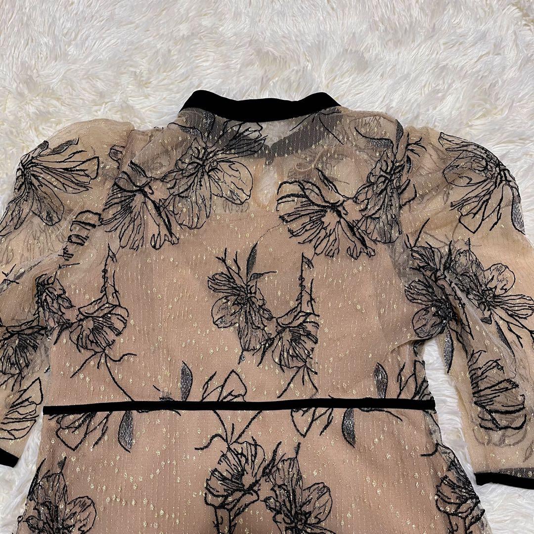 Leja 配色パイピング花柄刺繍ラメワンピースドレス ベージュ　S