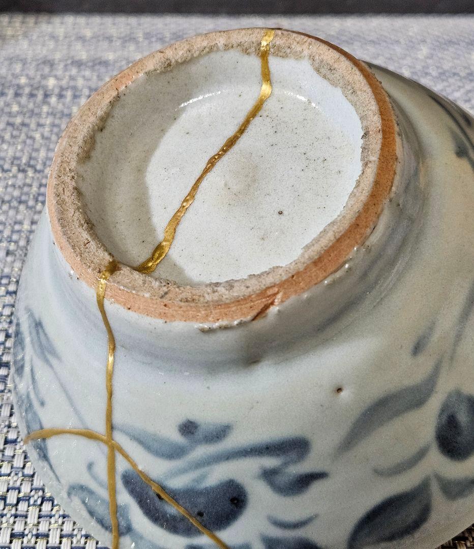 中国古陶磁器　明代 明朝　青華　古染付　 呉須　草花文様　茶碗　茶道具　茶器