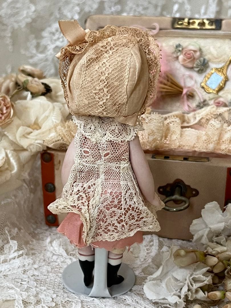 アンティークヴィンテージビスクドールミニョネット ボックスローズリボンレース