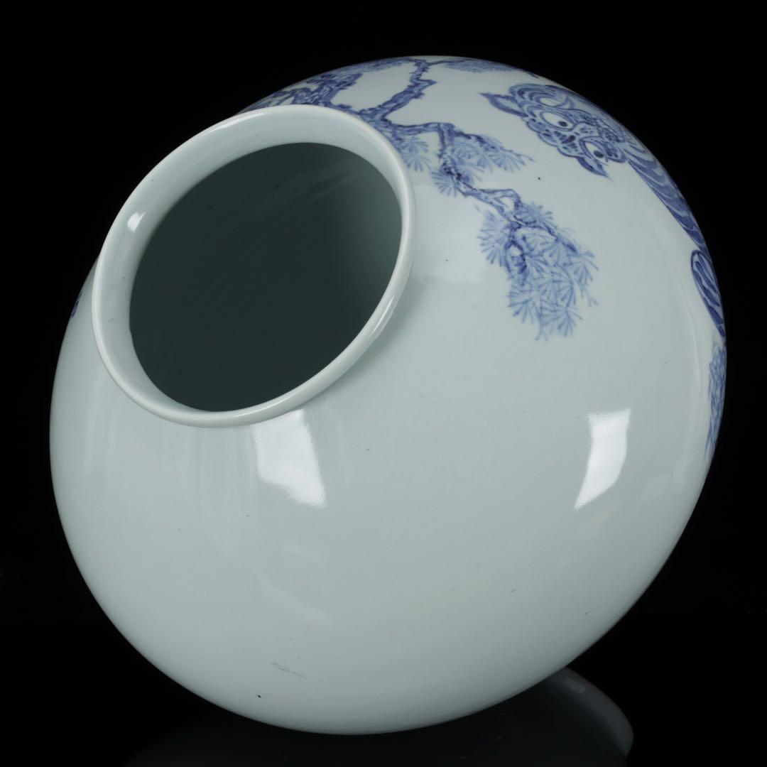 【韓国人間国宝 安東吾】染付虎図花瓶 丸壺 共箱 李朝白磁 大型飾壺 古美術骨董