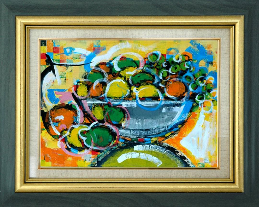 油絵 絵 絵画インテリア 額付(青緑＋金色の枠) uF6-061604 果物花瓶