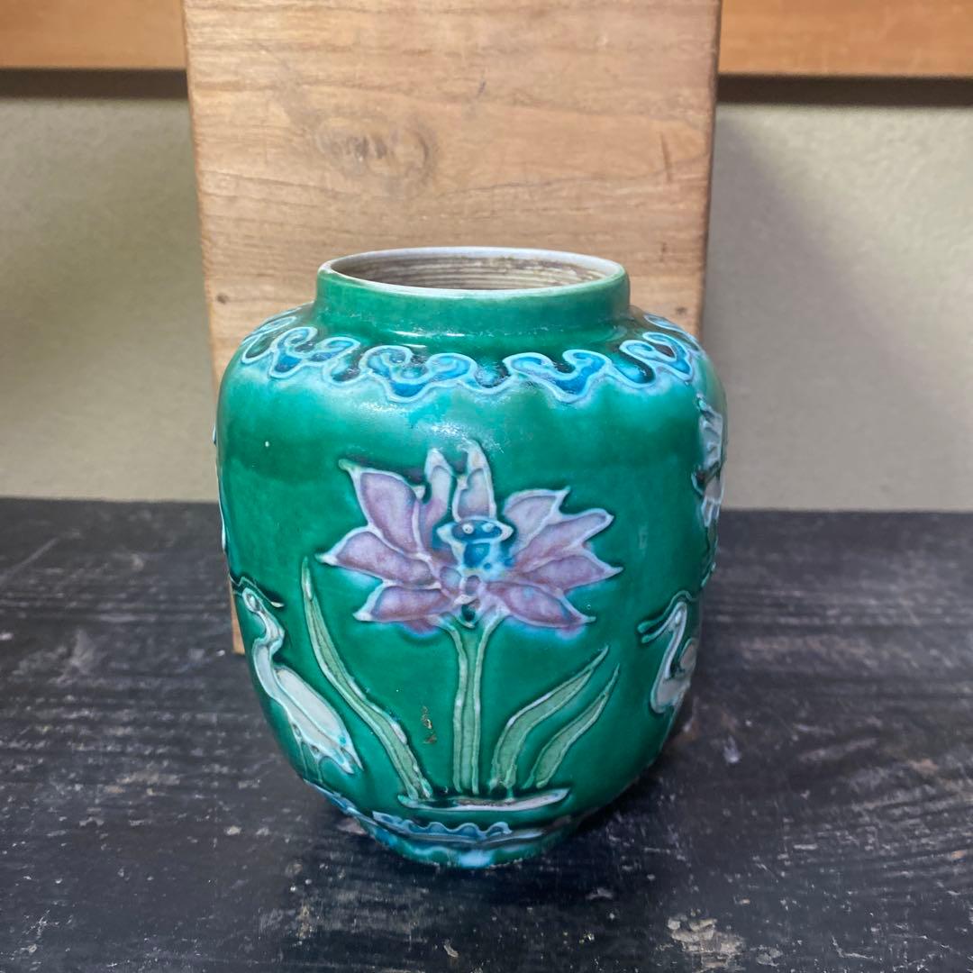 中国古玩　鷺文法華花瓶【桐箱付】10cm13.5cm