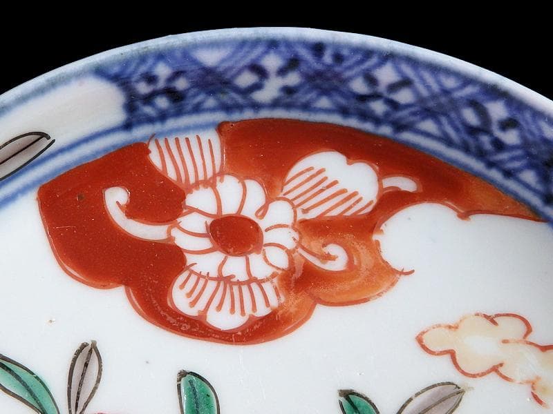 古伊万里　色絵　垣根に椿の図　4寸皿　５枚　F018AS-fbrn