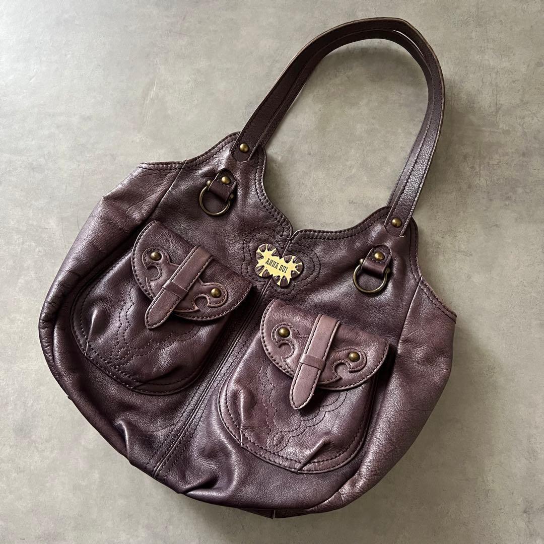 【美品】 アナスイ バタフライ レザー ハンド バッグ ANASUI パープル