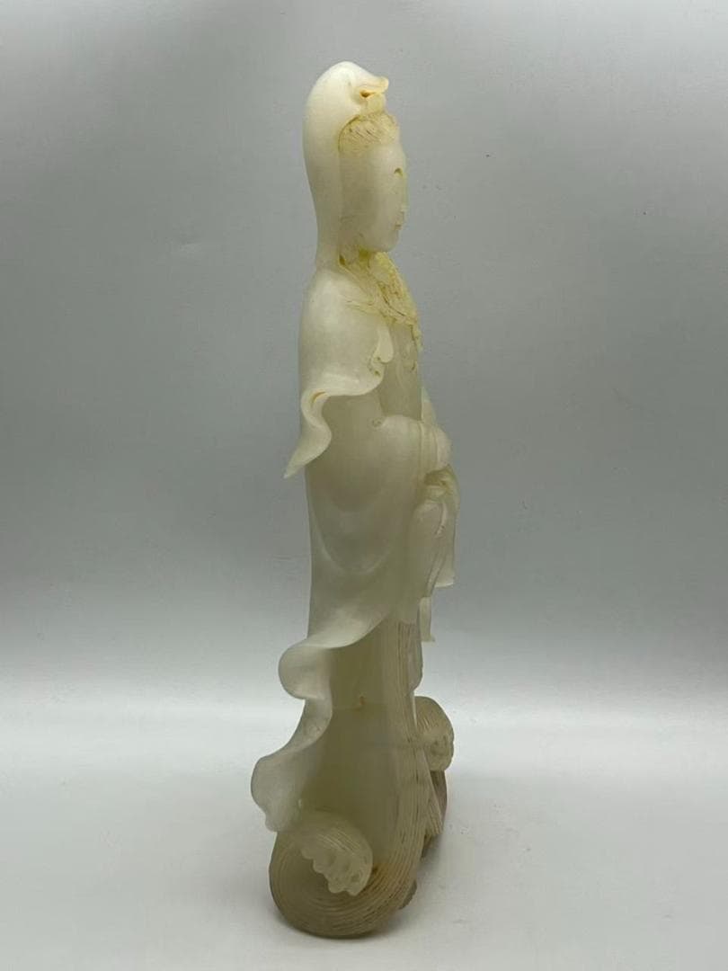 清乾隆時代 和田白玉観音　白和田玉彫り　仏教用品　仏像　唐物(A-96)