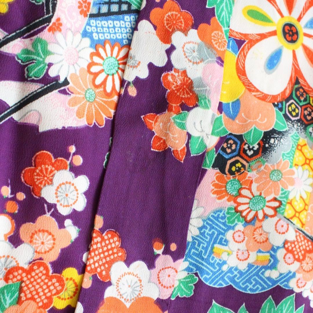 七五三 7歳 女の子 子供 アンティーク 紫 着物 帯 セット