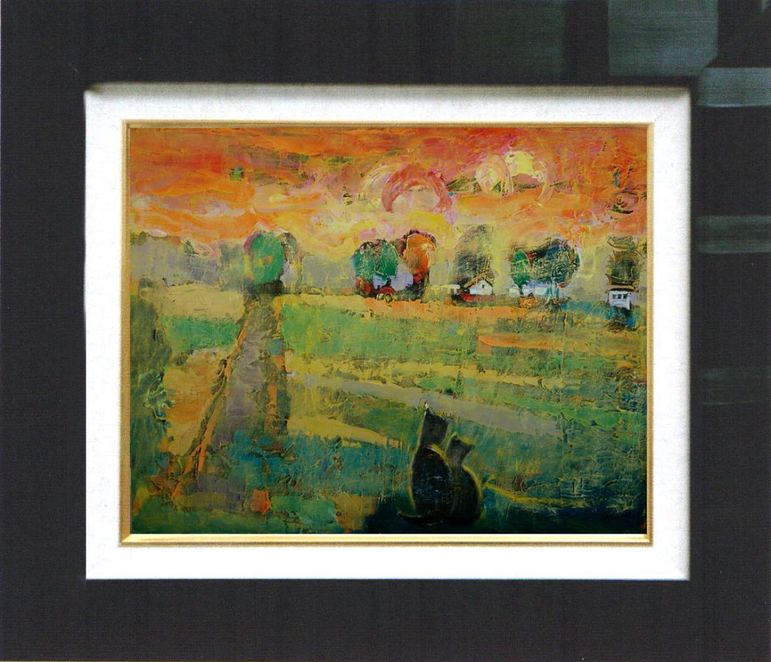 油絵菅家令子絵 絵画インテリア額付(青緑＋金色の枠)uF6-070919夕朝陽猫