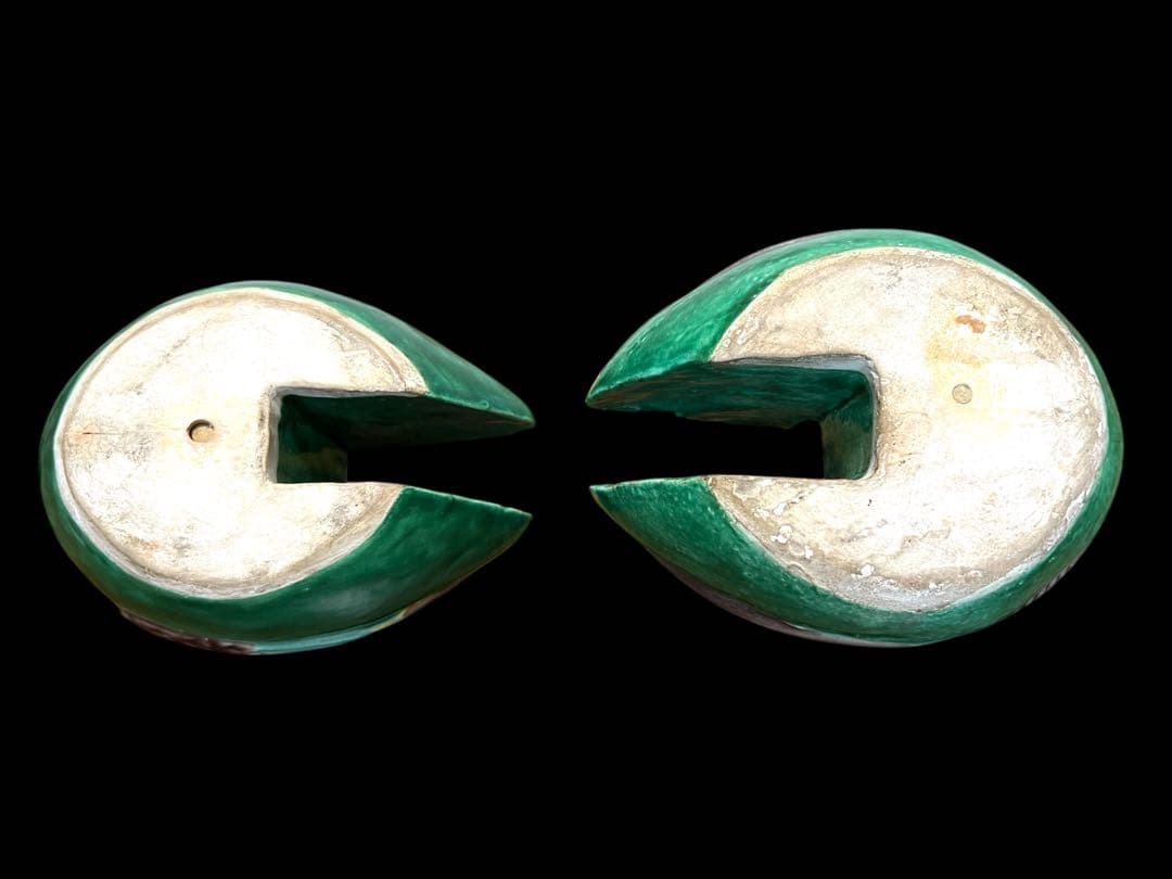 《古美術》希少 清朝時代 鴛鴦モチーフ陶器製御屏風挟(1対) 専用箱 置物