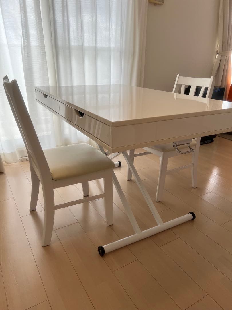 昇降式ホワイト 引き出し付きダイニングテーブル