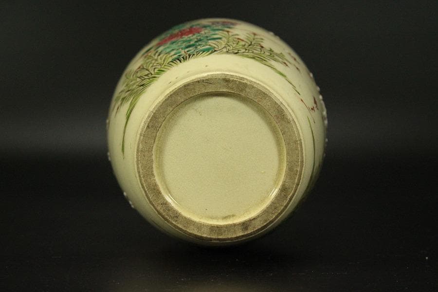 色絵 草花紋 花瓶 明治 京 薩摩 高21.6cm(LC503)