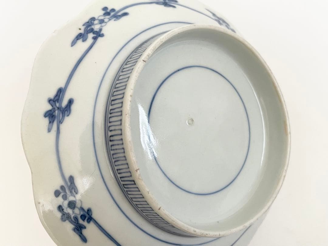 #3骨董　アンティーク　藍柿右衛門　染付　菊雲鶴文様　輪花皿　高脚皿　古伊万里