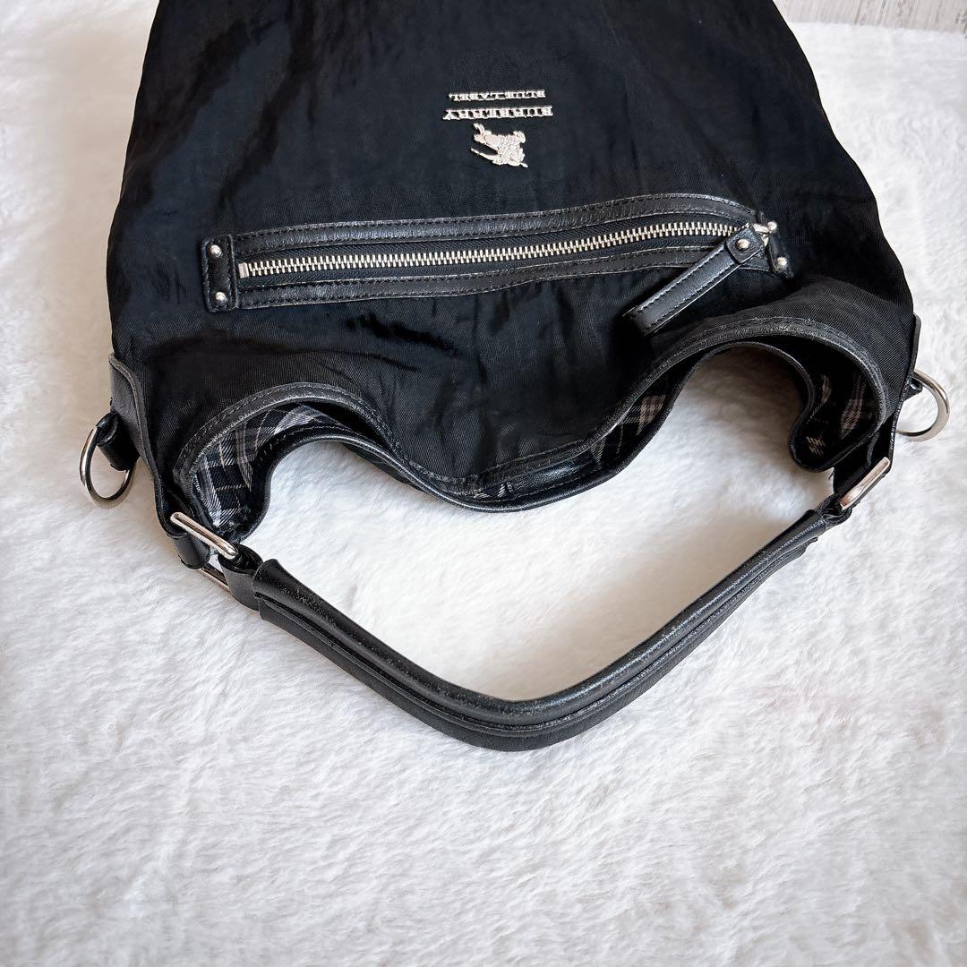 バーバリーブルーレーベル 2way ショルダーバッグ ナイロン×レザー 黒