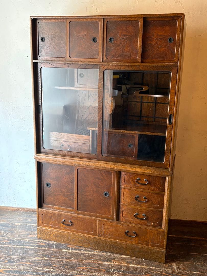 茶棚 木製ガラス扉付きタンス 水屋　飾り棚　違棚　アンティーク　レトロ