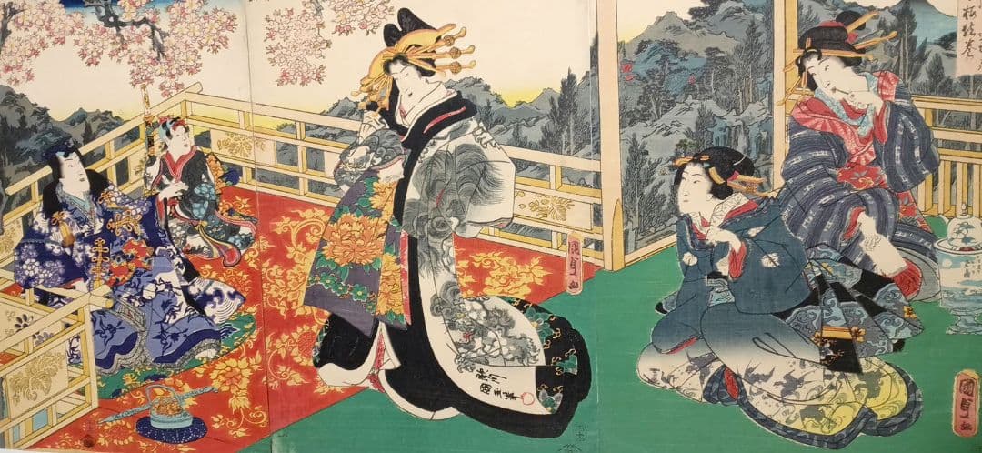 浮世絵版画、げんじ今様絵巻三枚綴り 二代国貞と国玉の合筆安政5年（1858)出版