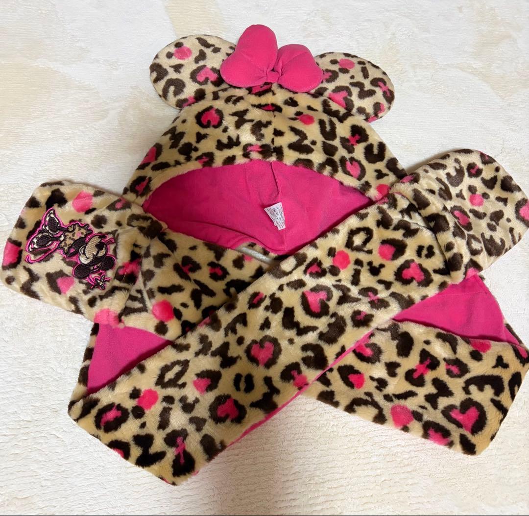 ディズニー ミニーちゃんヒョウ柄 マフラーキャップ