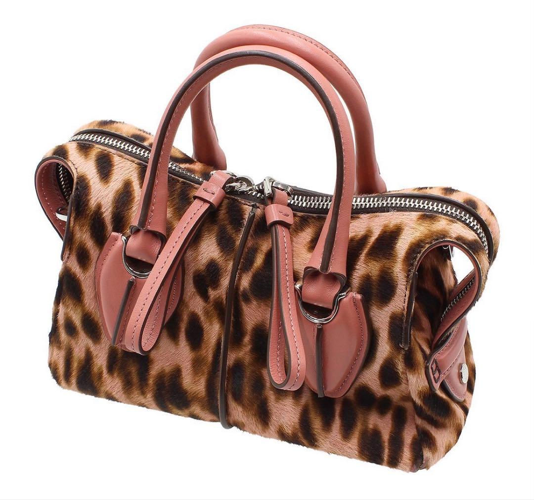 S2035 美品 トッズ Dスタイリング マイクロ レオパード ハラコ×レザー