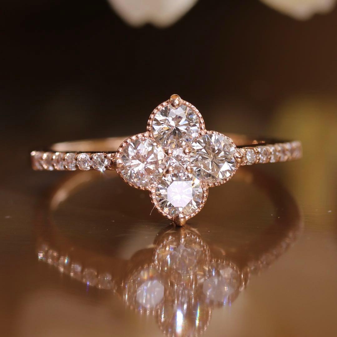 鑑別書付 K18PG 0.71ct四つ葉クローバーミル打ち天然ダイヤモンドリング