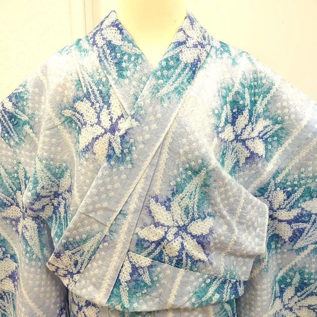 ◆藤娘きぬたや◆総絞り浴衣 菖蒲 青 水色 身丈158cm裄丈67cm