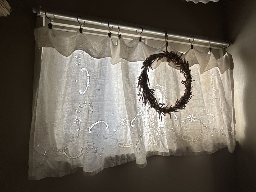 フランスアンティーク　リネン　カットワーク　天使　エンジェル　カーテン　クロス
