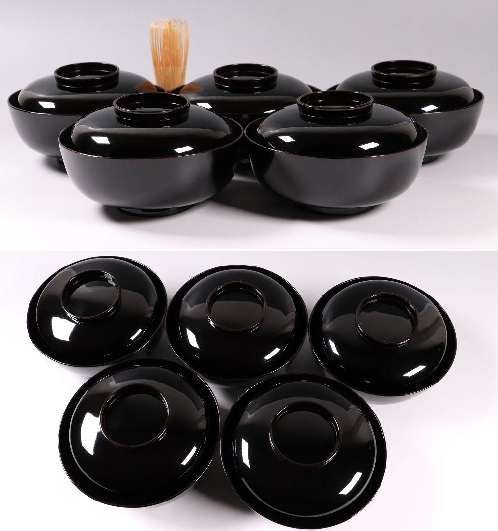 CL37 輪島塗 諫鼓鶏金蒔絵 黒塗椀 五客 木製漆器 鶏 太鼓 草花