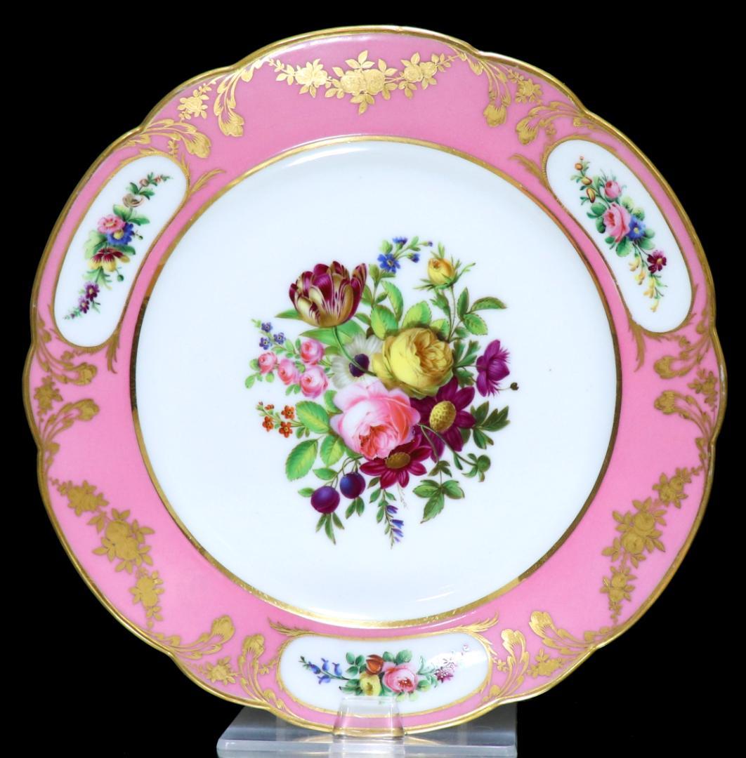 オールド・セーブル 美術館級1786年製淡紅地色絵金彩花文皿ポンパドゥールピンク