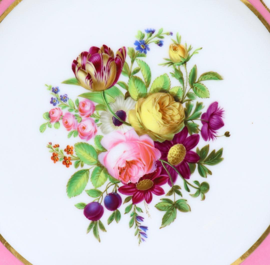 オールド・セーブル 美術館級1786年製淡紅地色絵金彩花文皿ポンパドゥールピンク