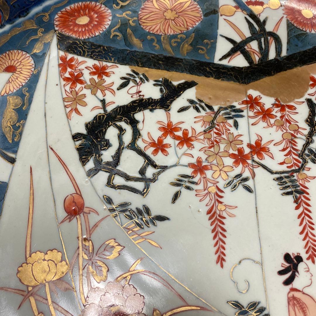 江戸時代　元禄　伊万里色絵窓抜美人花鳥図大飾皿