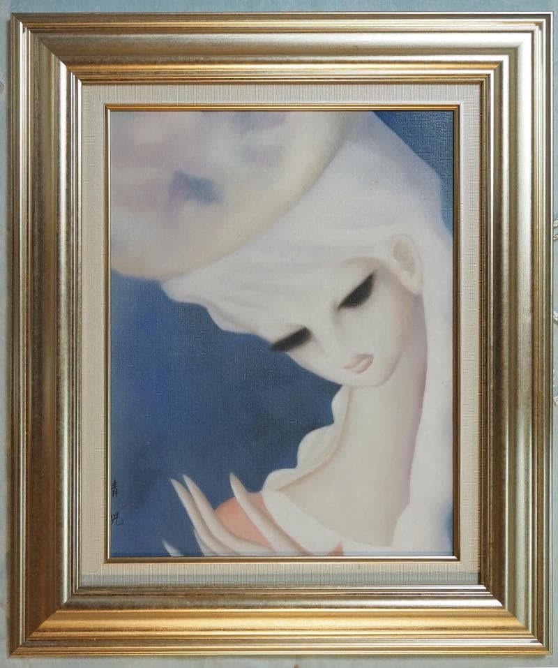 油絵 人物　　東郷青児　 【きれいな帽子】手描き　額付き F6