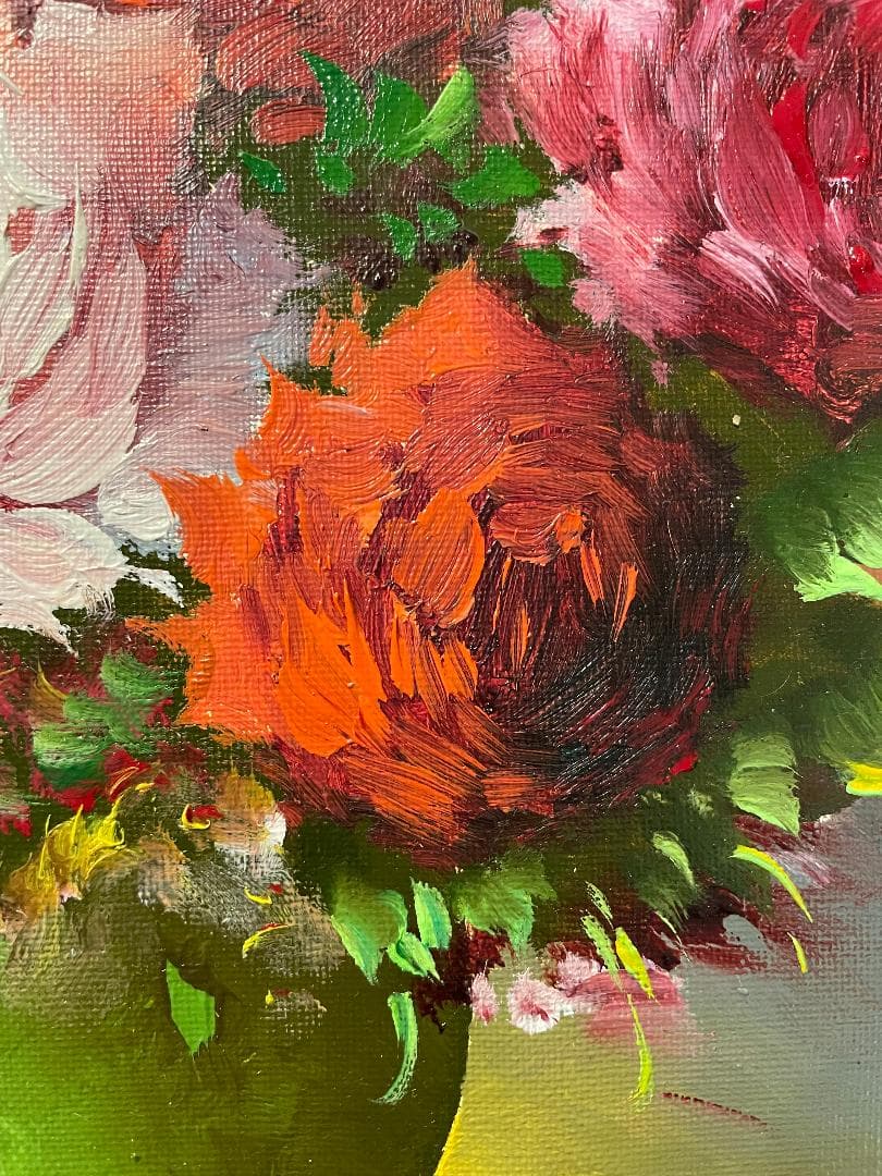 ぽ*り様 「真作」岸本芳雄「ばら」静物画　油彩画　額装　サイン有り　F6号