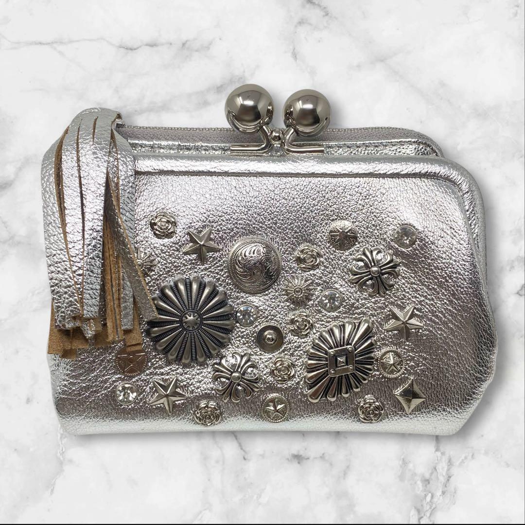 未使用 perche ペルケ マルチスタッズがま口二つ折りウォレット シルバー