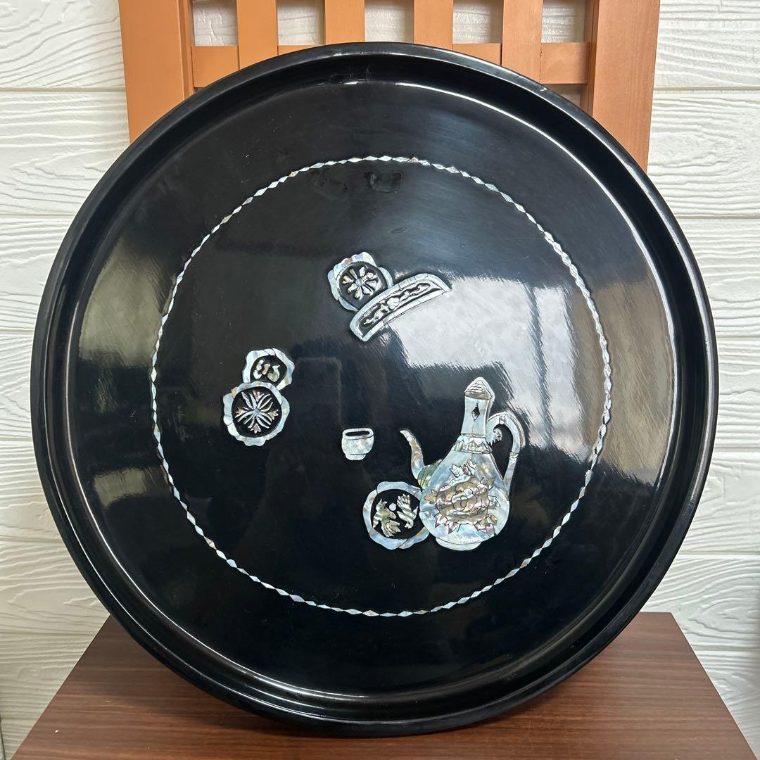 螺鈿細工　足付膳丸座卓　お盆　高足　工芸品　机