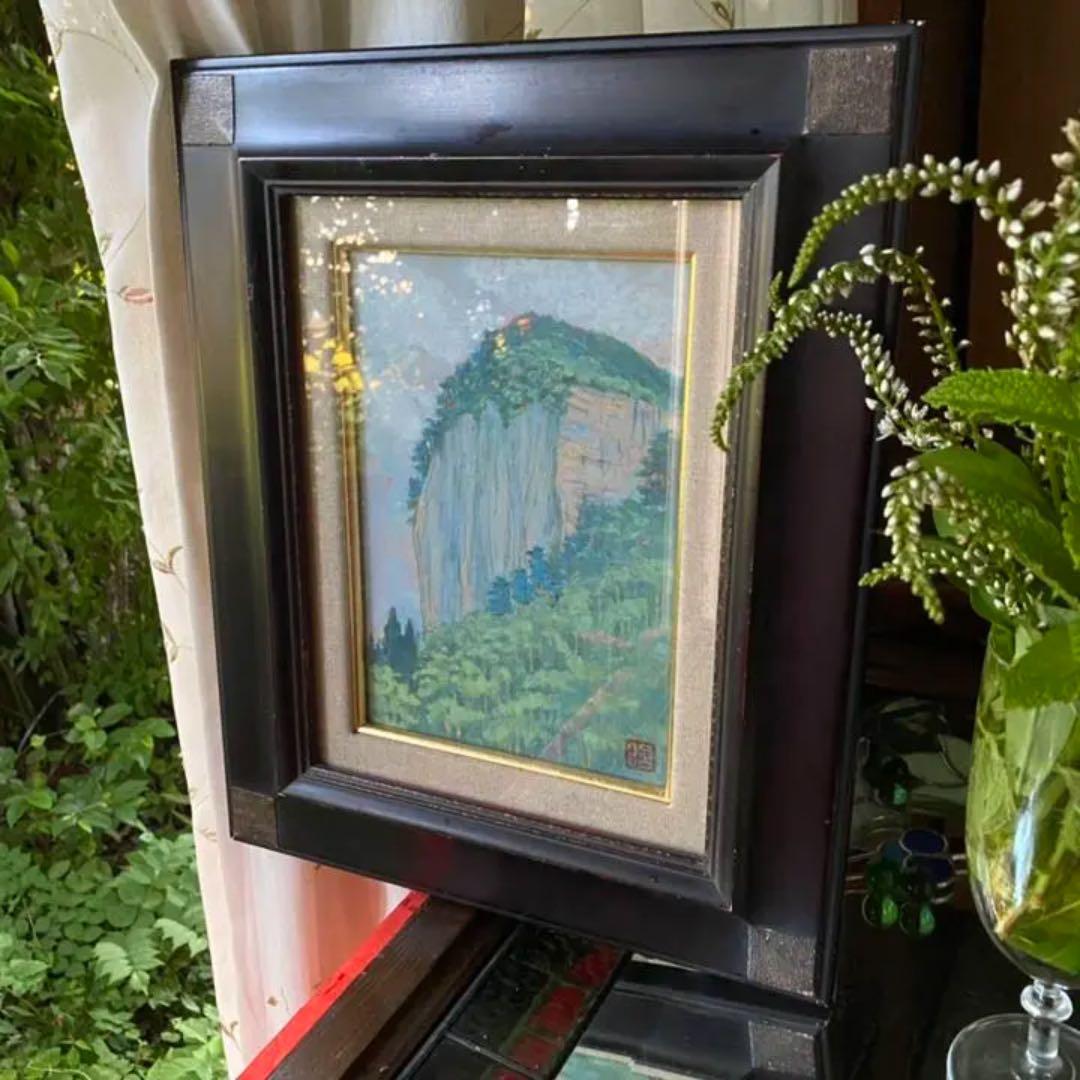 1889様感謝‼️高みへ‼️肉筆　昭作「翠の懸崖」サムホール　日本画　昭　作額装品