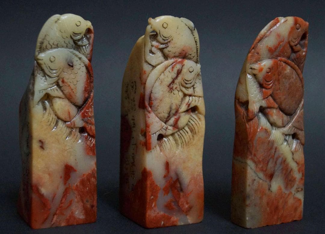 古印材 寿山石細工彫り『鯉登龍門』明治期庚子年款 印材3点セット仿漢文衍刀法作篆