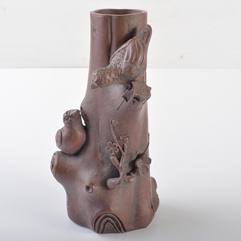 中国　紫砂　朱泥　梅に鳥彫　花瓶　在銘　V　R6460