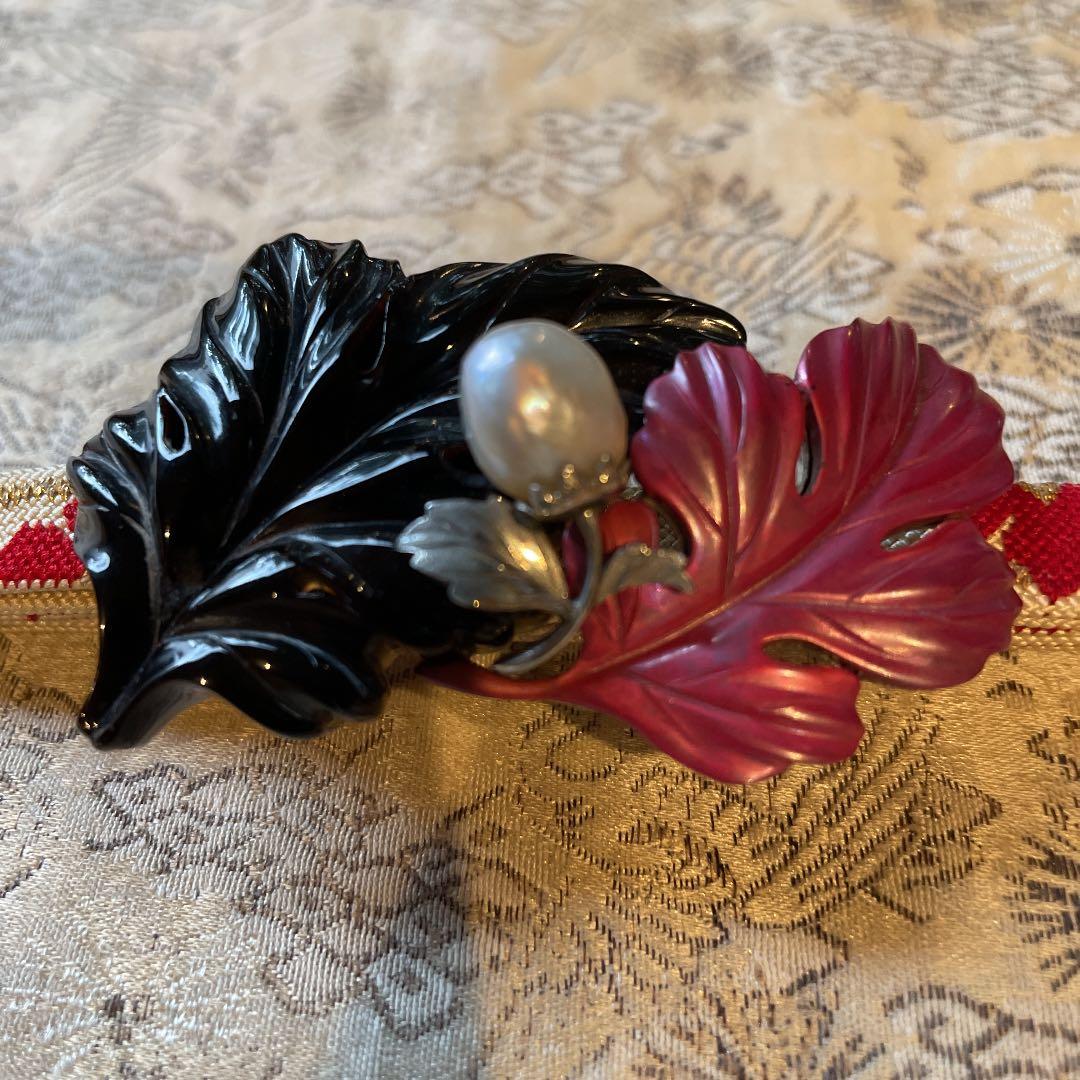 アール・デコ帯留　鼈甲　彫金　銀　真珠