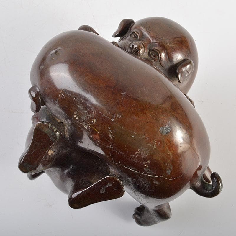 明治金工　古銅　子犬　双犬　置物　G　R6994