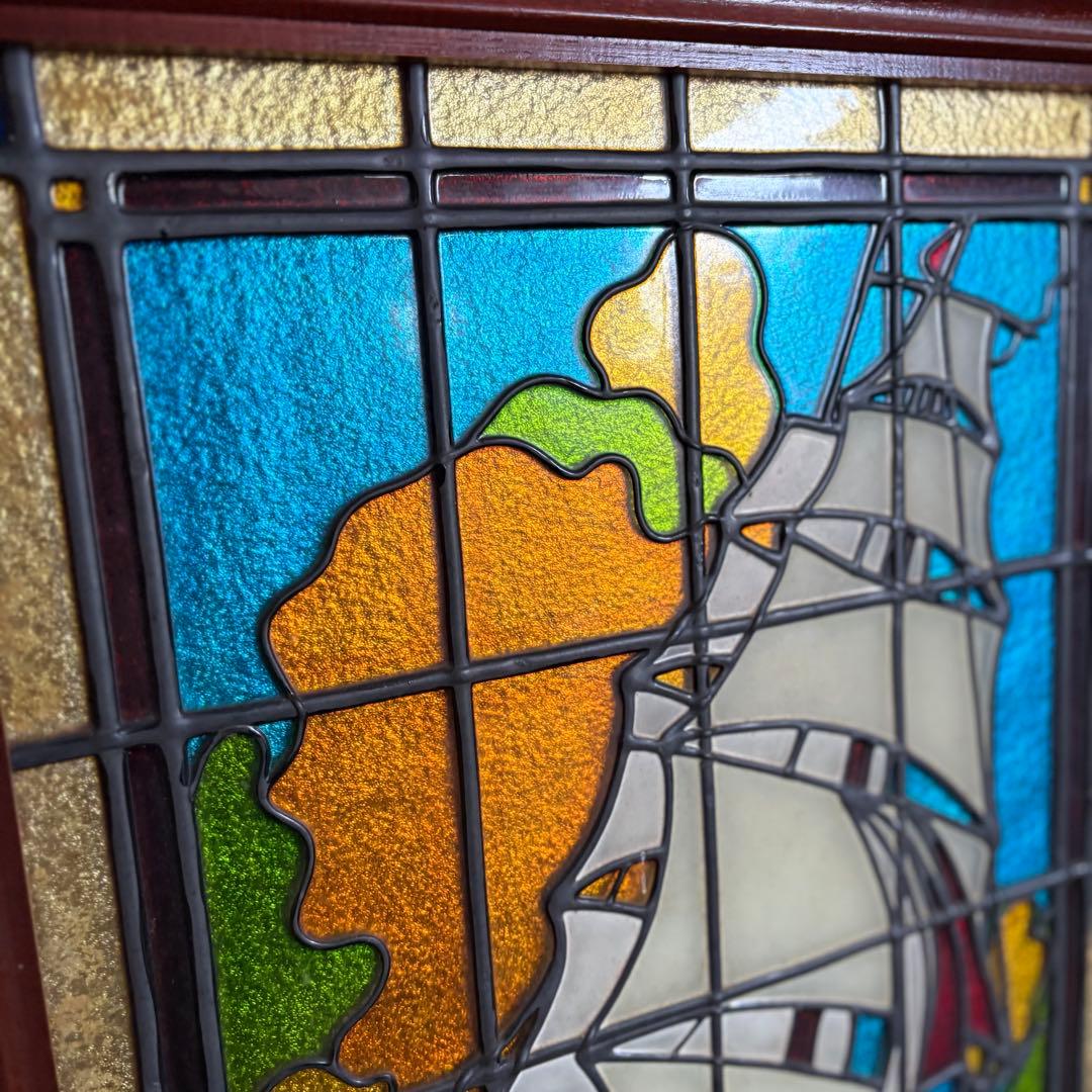 ニューステンドグラスパネル　帆船　ヨット　ヴィンテージ 額装　現状品