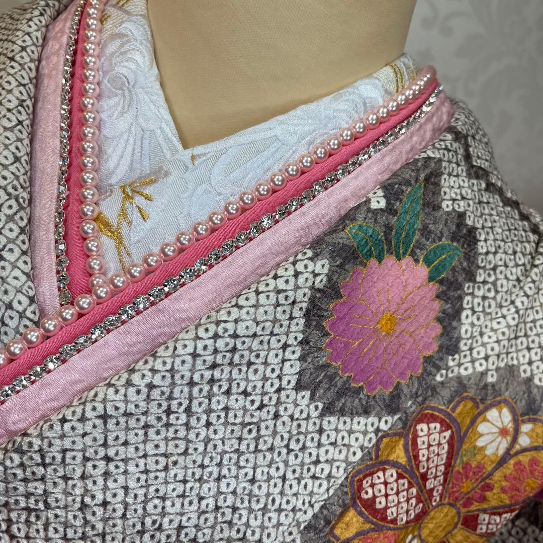 振袖　振り袖　成人式　フルセット　正絹　灰色　グレー　灰茶　絞り　菊　花柄