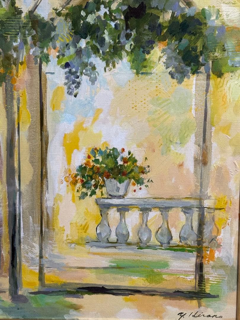 平野能子作　油彩絵　陽光のテラス　額装　示現会作品　F12号　送料込み0824