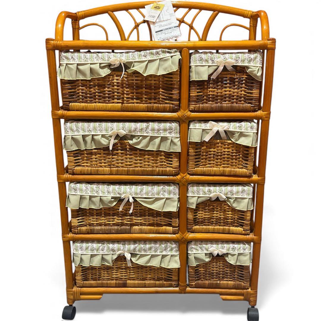 【新品】ラタン　４段ラック　ランドリー　キャスター付　籐家具　レトロ家具