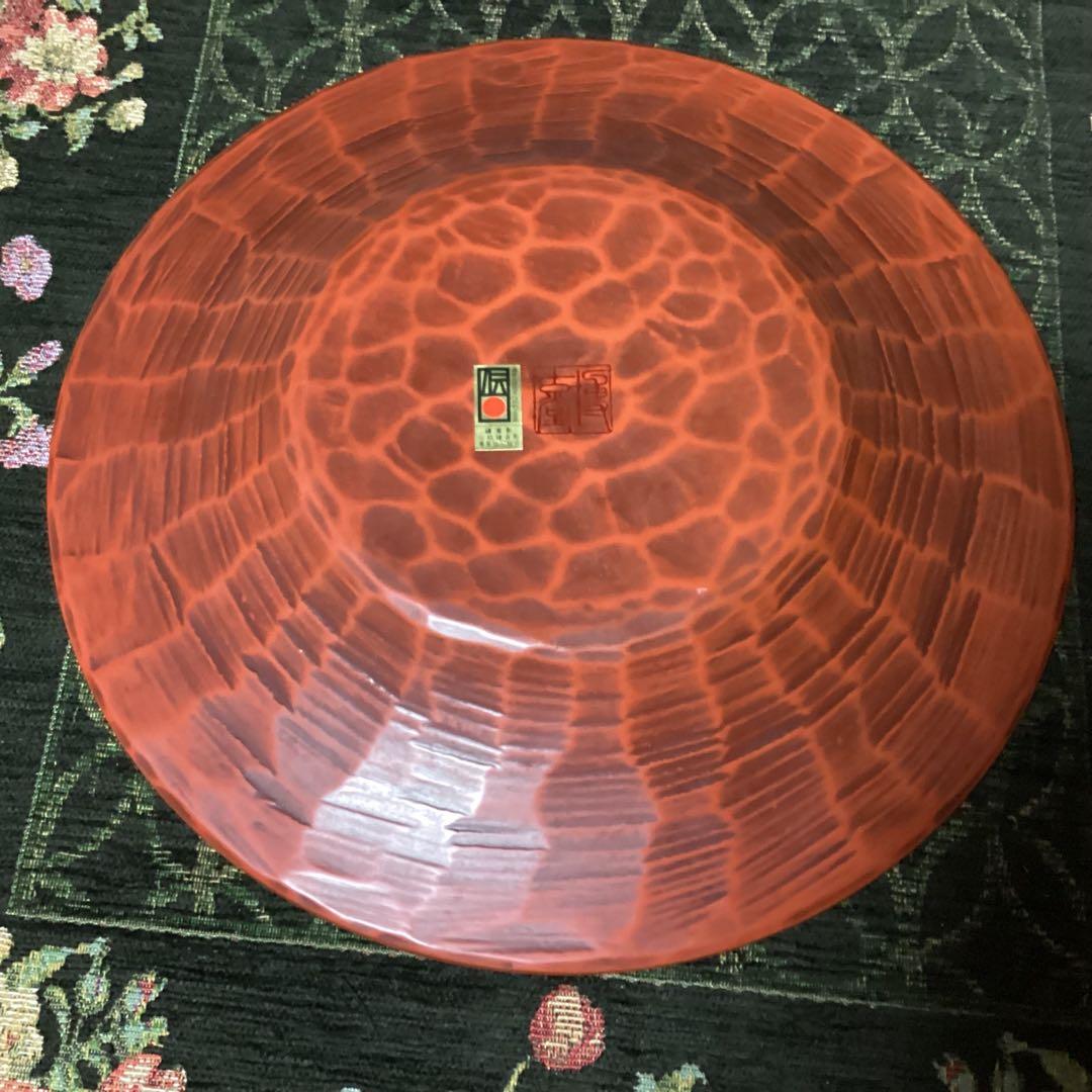 希少 鎌倉彫 博古堂　蓮花瓦紋様大皿　洗朱