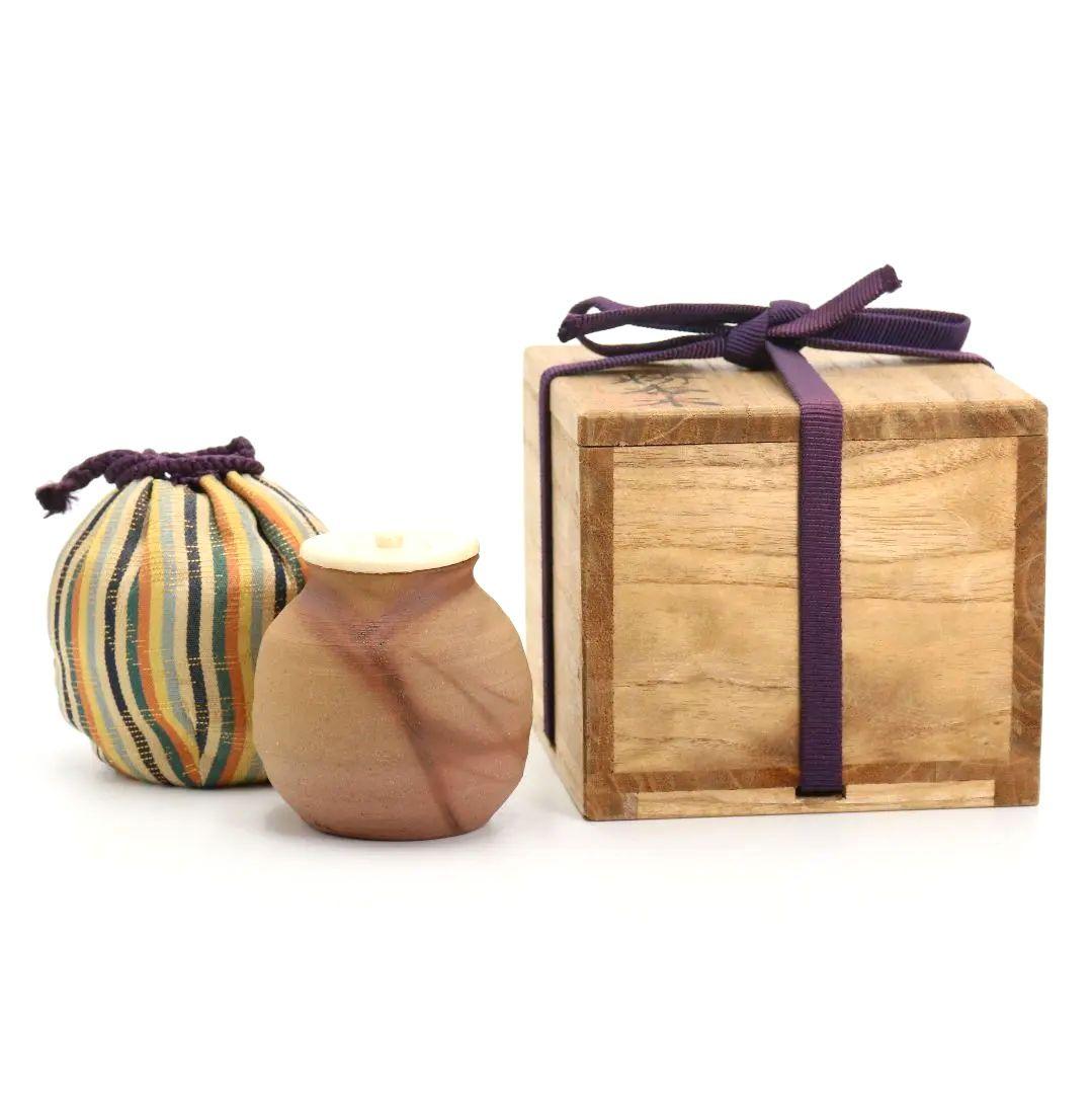 藤沢焼 粉香木窯 茶入 共箱 仕覆付　C804　N1