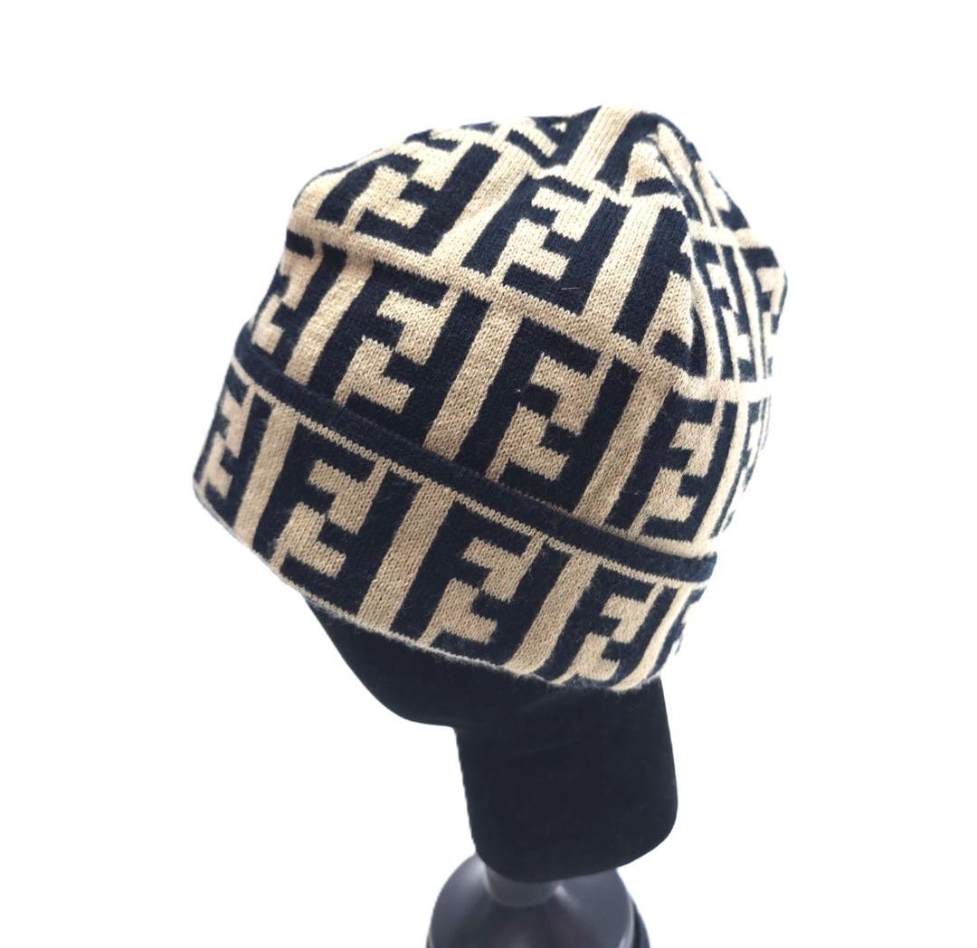 FENDI JEANS フェンディ ズッカ柄 ニット帽 ビーニー ベージュ×黒