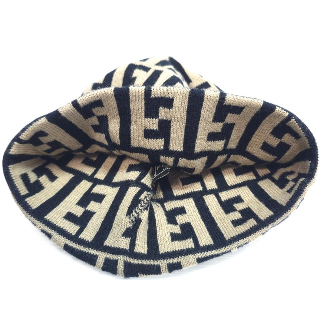 FENDI JEANS フェンディ ズッカ柄 ニット帽 ビーニー ベージュ×黒